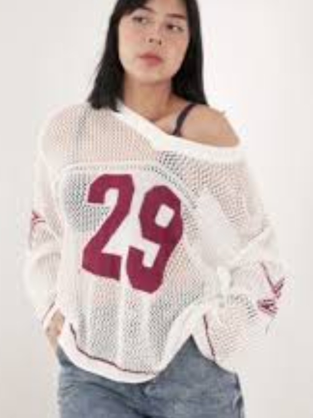 Women's Cream Off-the-Shoulder Knit Sweater with Red Graphic - Picture 4 of 5